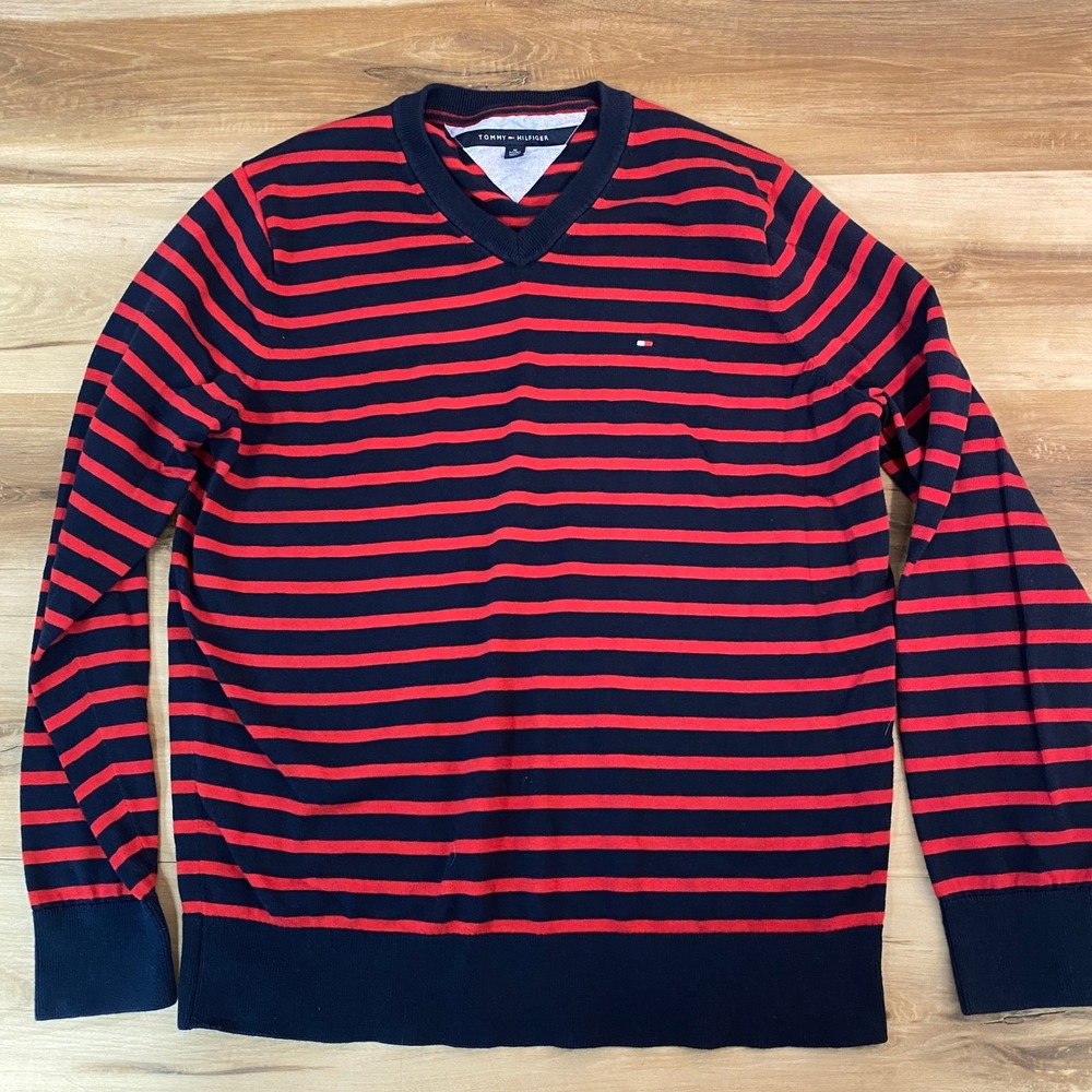 Tommy Hilfiger Mens XL V-Neck Sweater Navy Blue‎ Red Striped 100% Pima Cotton